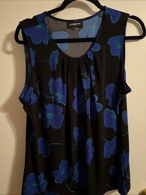 Liz Claiborne Black Tank Top with Blue Floral Print